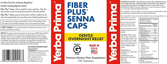 Yerba Prima Fiber Plus Senna Capsules 180 Count (3 Pack) - Gentle Overnight Relief USA Made Non-GMO Gluten-Free