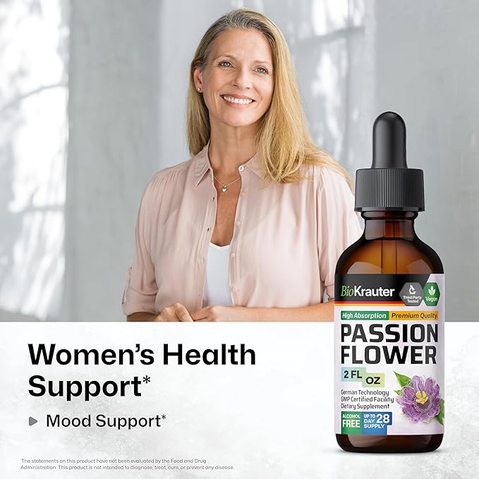 BIO KRAUTER® Passion Flower for Stress Relief - Calm &amp Mood Support - Pure Vegan Liquid Drops Passion Flower Extract 670 mg/Serving 2 Fl.Oz 28-Day Supply - Alcohol &amp Sugar Free - Natural Calm