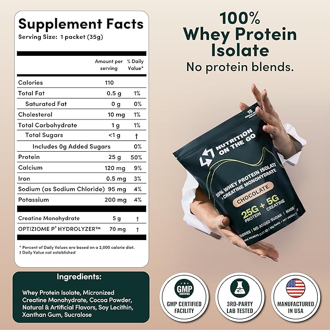 Nutrition On The Go Whey Protein Isolate Packets with Creatine – 25g Protein + 5g Creatine – Single-Serve Travel Protein Powder – Chocolate (30-Pack)