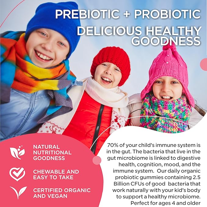 Kid Probiotic Gummies For Digestive Health Chewable Daily Probiotic For Kids Ages 4+. Oral Care Abdominal Discomfort Gut Health. Strawberry Flavor USDA Organic Probiotics for Children 90ct (3)
