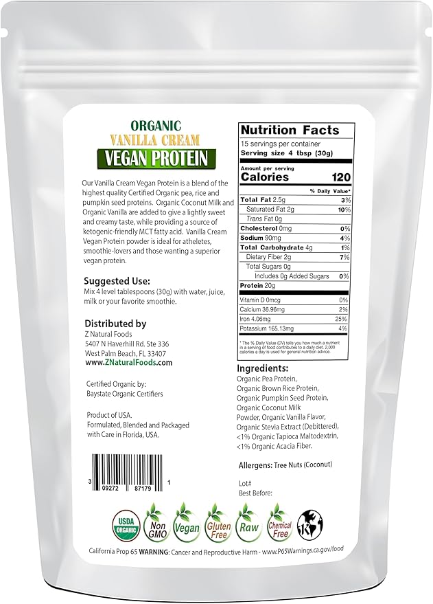 Z Natural Foods Organic Vanilla Cream Vegan Protein Powder Vanilla Flavored Vegan Protein Supplement All Natural Vegan Non-GMO 1 lbs