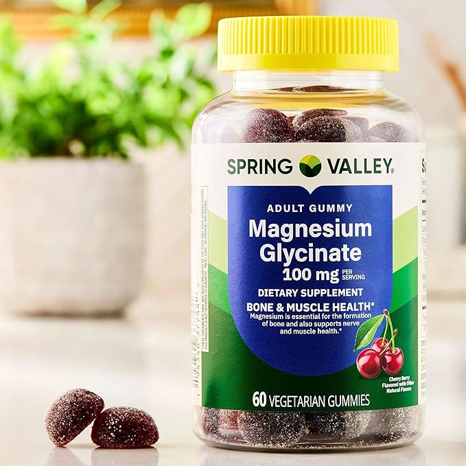 Spring Valley Magnesium Glycinate 100mg Gummies - 60 Count - Cherry Berry Flavor Bone &amp Muscle Support Vegetarian Gluten-Free + SUREFECT Organizer.