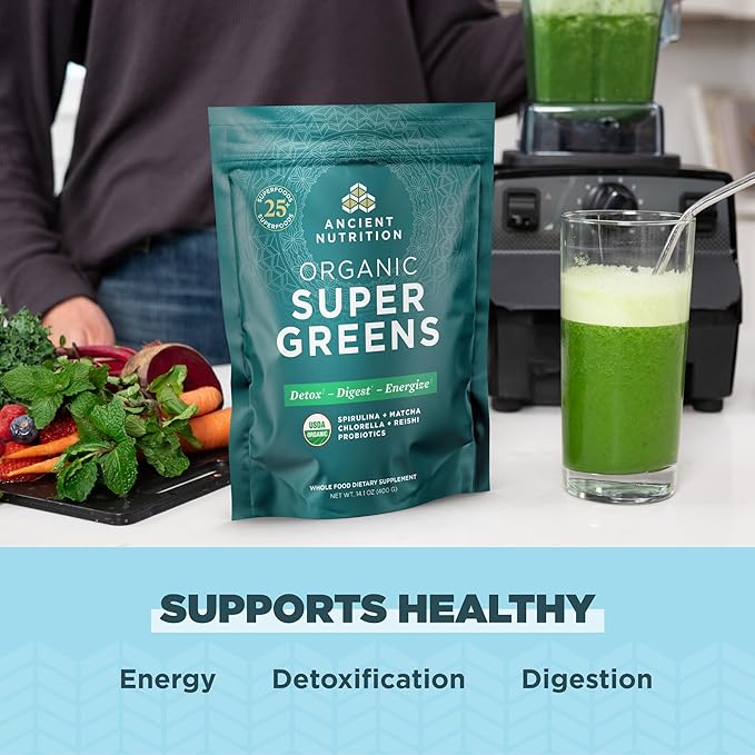Ancient Nutrition Super Greens Powder Organic Superfood Powder with Probiotics Made with Spirulina Chlorella Matcha and Digestive Enzymes 50 Servings 14.1 oz