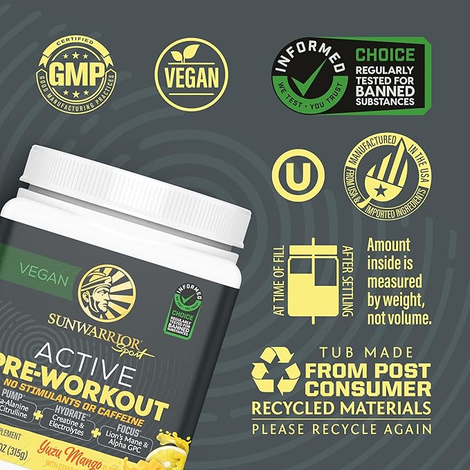 Sunwarrior Pre Workout Powder Energy Drink Non-Stim &amp Caffeine Free | Vegan Plant-Based Supplement | Pump Hydrate Focus Endurance &amp Strength Builder | Yuzu Mango Flavored 30 Serving Active Pre