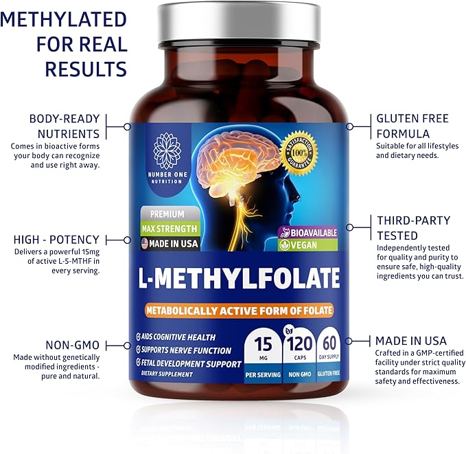 Number One Nutrition Premium L-Methylfolate 12.75MG Extra Strength 5-MTHF Active Methylfolate Supplement for Energy and Cognitive Support Gluten-Free and Non-GMO 120 Capsules