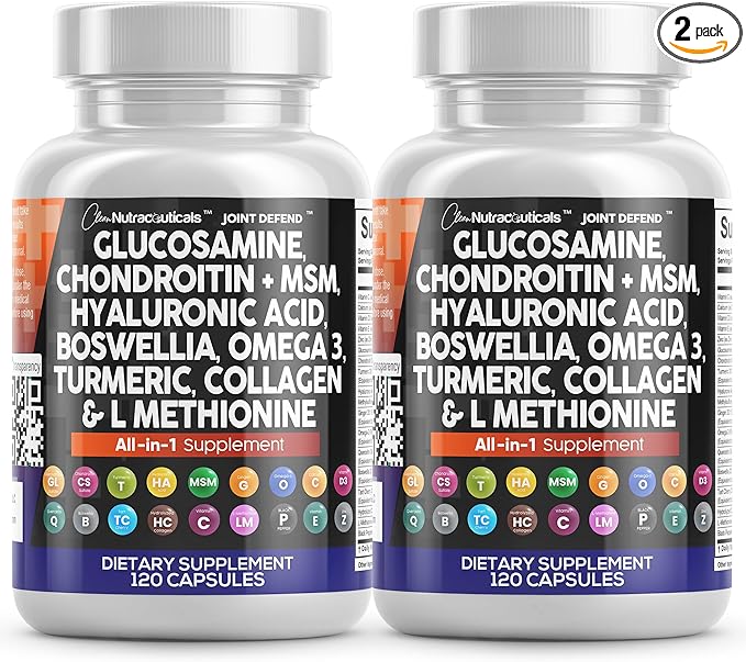 Clean Nutraceuticals Glucosamine Chondroitin MSM 1500mg with Turmeric Curcumin Collagen Hyaluronic Acid Omega 3 – Joint Health Supplement for Men &amp Women (120 Count (Pack of 2))
