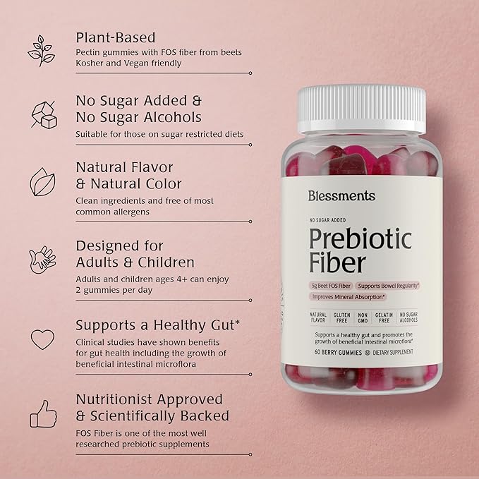Prebiotic Fiber Gummies for Adults &amp Kids with No Added Sugar- 5g (60 Count-2 Pack) High Fiber Supplement Gummies - Vegan - Keto Friendly - Digestive Health Supplements