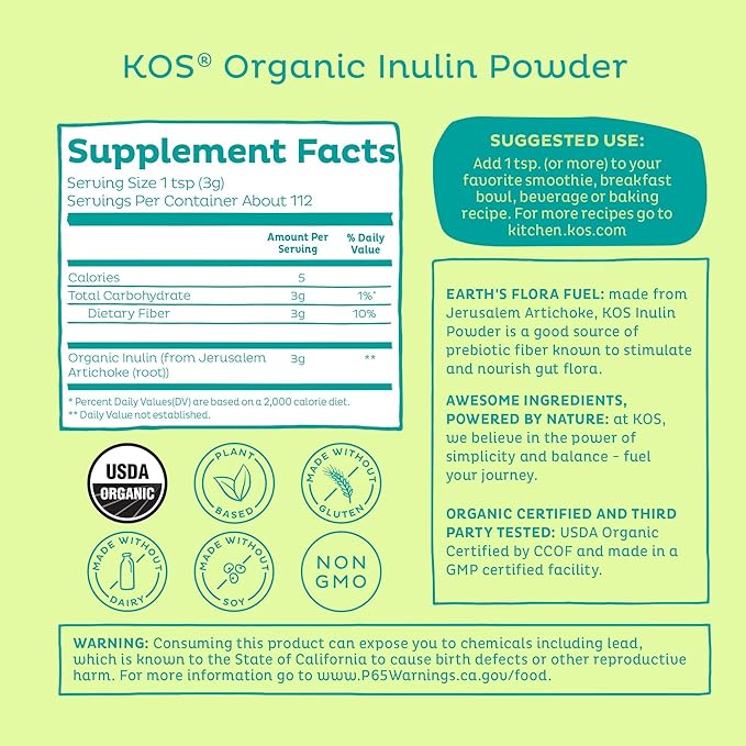 KOS Organic Inulin Powder Unflavored &amp Unsweetened Superfood - Vegan Inulin for Prebiotic Intestinal Support Digestive Health Promoting - USDA Certified Non-GMO Soy &amp Gluten-Free 112 Serv