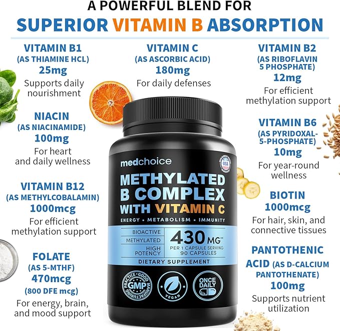 9-in-1 Methylated B Complex with Vitamin C B Complex B12 &amp L-5-MTHF - Vegan Non-GMO Gluten-Free &amp GMP-Certified Energy Brain &amp Wellness Daily Methylcobalamin Multivitamin (90 Servings