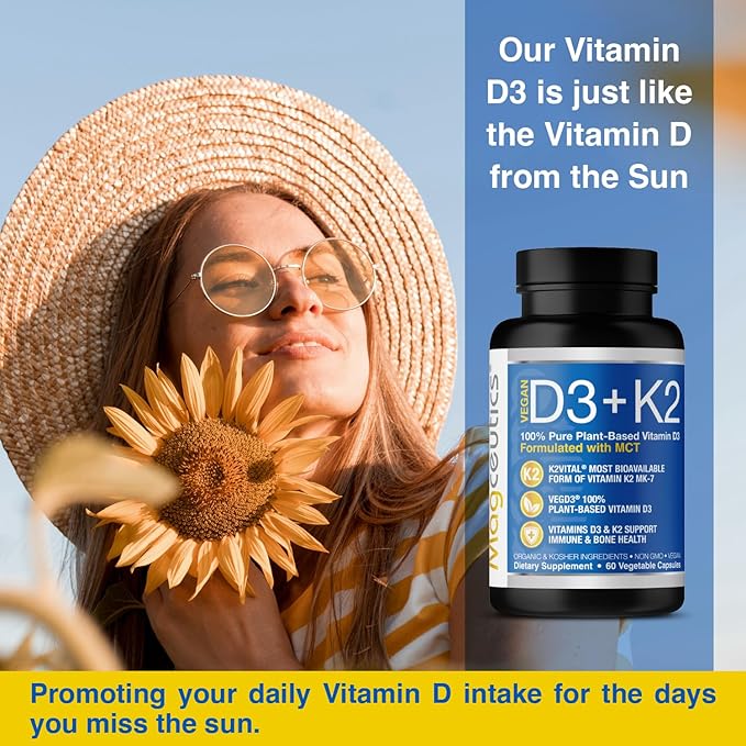 Vitamin D3 K2 with MCT 5000 IU Vegan D3 &amp 100 mcg MK7 K2 Support Strong Bones and Immune Health - 60 Capsules (60 Days Supply)