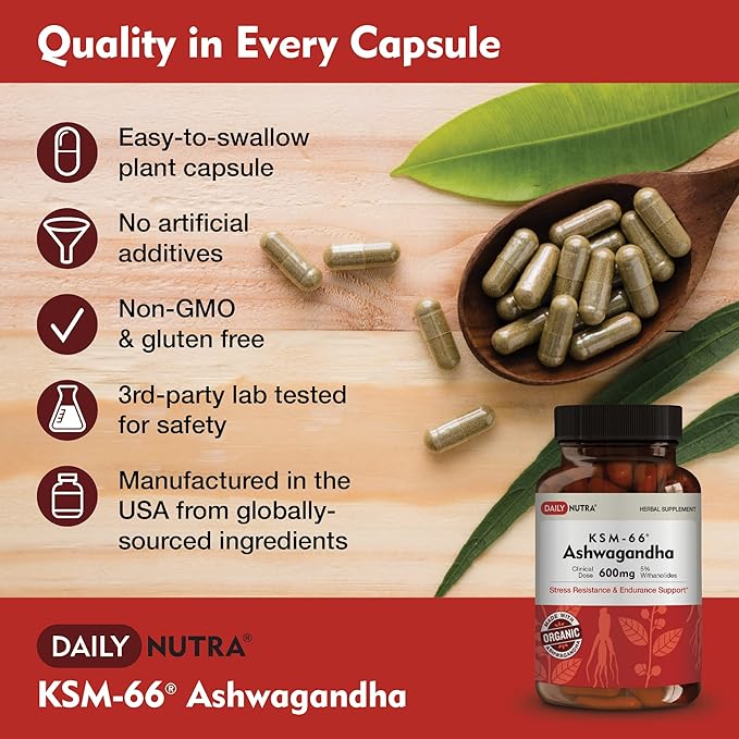 DailyNutra KSM-66 Ashwagandha 600mg Organic Root Extract - High Potency Supplement with 5% Withanolides | Relieves Tiredness Supports Relaxation Focus Energy &amp Muscle Growth (90 Capsules)