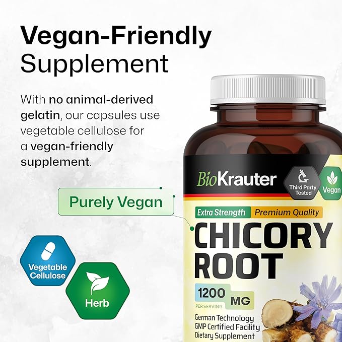 BIO KRAUTER® Chicory Root for Gut &amp Digestive Support - Pure Vegan Prebiotics &amp Fiber Supplement in Capsules 1200 mg per Serving 250 Count - No Fillers Non-GMO - 62 Days of Supply