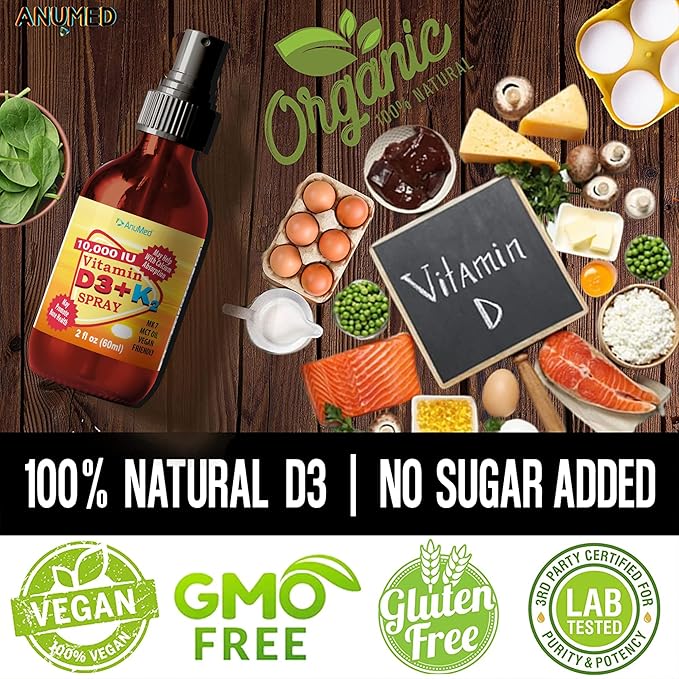 Vitamin D3 K2 10000 IU Liquid Spray with Organic MCT Oil Vitamin A (Retinol) 1250mcg K2 (MK4MK7) Promotes Heart Bones Immune System. 100% Vegan Non-GMO Gluten-Free No Sugar Added (2oz)