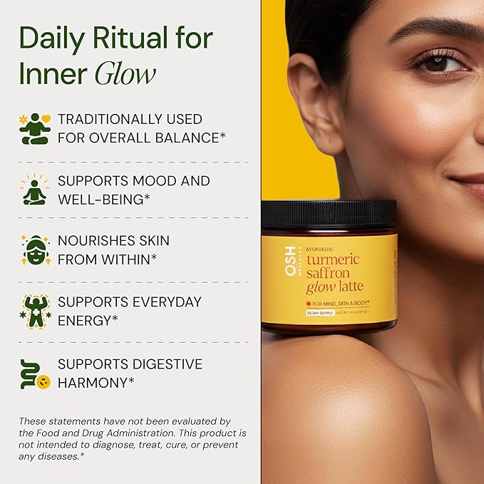 Turmeric Saffron Glow Latte | Calm Nights &amp Radiance Support* | Golden Milk with Kashmiri Saffron Ginger Turmeric &amp Acerola Vitamin C | Caffeine-Free Daily Ritual | Ayurvedic Drink Mix