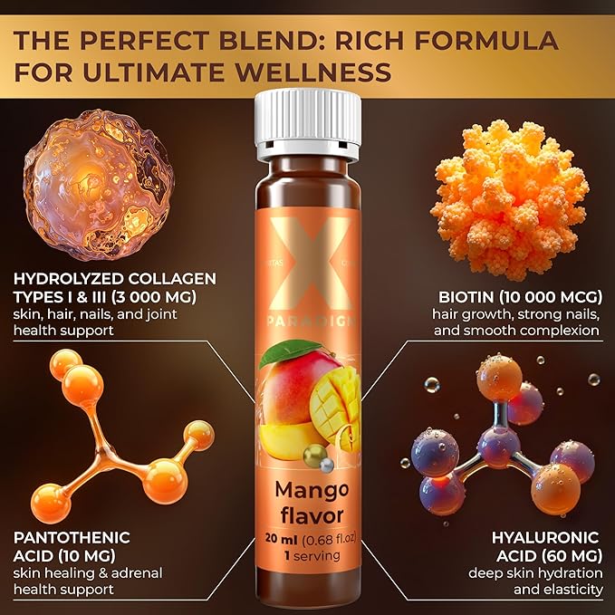 Liquid Collagen Peptides with Biotin &amp Hyaluronic Acid - 3000mg Hydrolyzed Collagen Type 1 and 3 Biotin 10000mcg Vitamins B5 B6 C &amp E - Liquid Collagen for Women and Men Collagen Shots