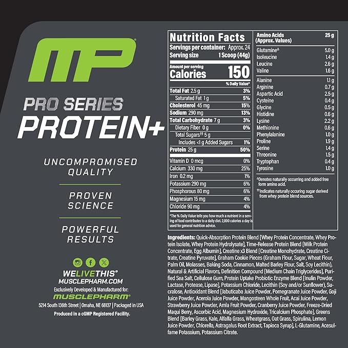 MusclePharm Pro Series Protein+ 26g Whey Protein Powder per Serving | Professional Grade 7-in-1 Blend for Muscle Growth &amp Workout Recovery | Creamy Vanilla 2.5 lb 24 Servings