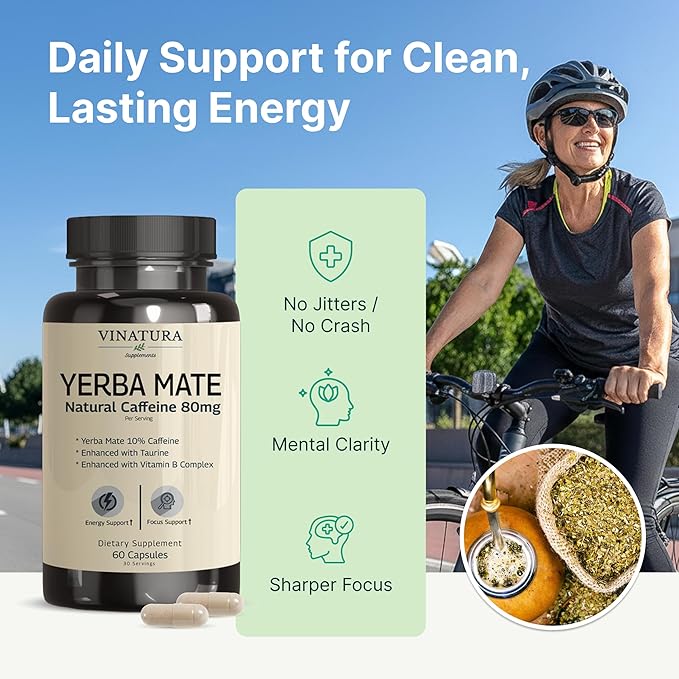 Yerba Mate 1400mg - Magic Natural Caffeine &amp Energy Supplements *USA Made &amp Tested* High Potency Enhanced with Taurine and Vitamin B Complex - 60 Capsules