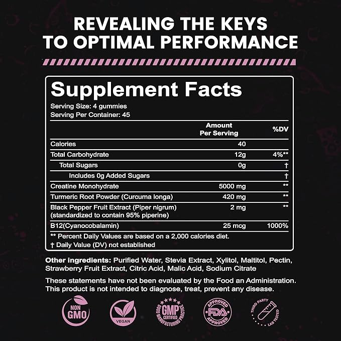 INSTAMART Creatine Gummies for Women &amp Men (180 Count) – Sugar Free Pure Creatine Monohydrate 5000mg Non-GMO Vegan &amp Strawberry Flavored Chews for Muscle Growth Strength Energy &amp Faste