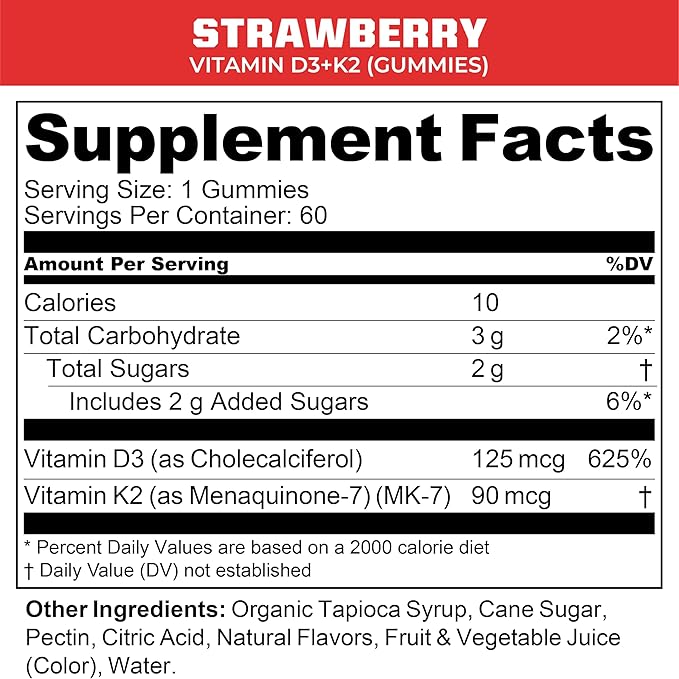 MTN OPS Vitamin D3 K2 Gummies 5000 IU Vitamin D3 and Vitamin K2 MK7 Naturally Gluten-Free with Natural Strawberry Flavor 60 Soft-Chew Gummies 60 Servings per Container