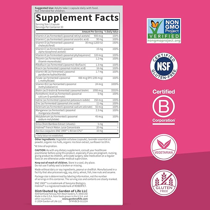 Garden of Life Dr Formulated Multi+ Beauty Complex Fermented Liposomal Multivitamin Plus Hair Skin and Nails Vitamins French Melon SOD Biotin &amp Probiotics 30 Capsules Supplement for Women &amp