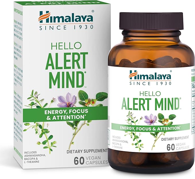 Himalaya Hello Alert Mind with L-Theanine Ashwagandha Bacopa Vitamin B6 &amp B12 for Energy Focus &amp Attention Vegan Gluten Free 60 Capsules
