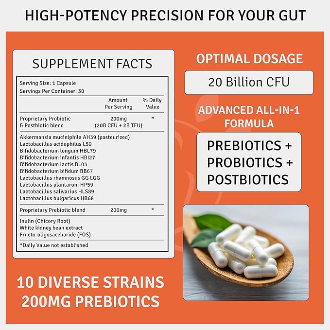 Akkermansia Muciniphila Probiotic Supplement - 20 Billion CFU | 30 Veg Capsules | Prebiotic + Probiotic + Postbiotic Blend | Increases GLP-1 Production | Supports Digestion &amp Gut Health