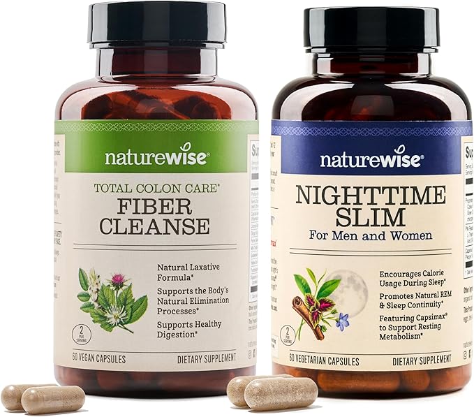NatureWise [1] Total Colon Care Fiber Cleanse - Natural Laxative - 60 Capsules[30-Day Supply] + [1] NighttimeSlim- Cayenne Green Coffee Bean GABA - 60 Capsules[30-Day Supply]