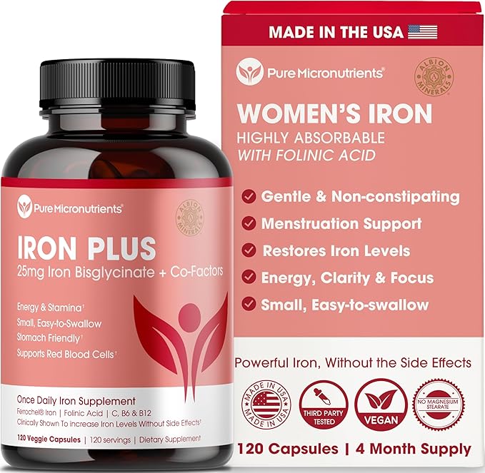 Iron Supplement for Women - Gentle Chelate Iron Bisglycinate 25mg with Vitamin C B6 B12 Folic Acid – Supports Iron Deficiency Menstrual Health &amp Energy - 120 Count