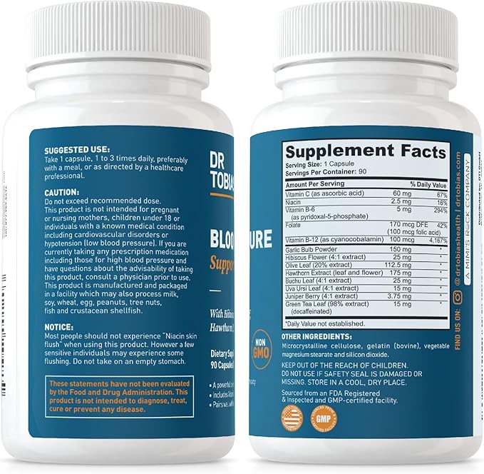 Dr. Tobias Omega 3 Fish Oil &amp Blood Pressure Support Supplements for Heart Brain Immune Circulatory Health with Vitamin C B6 B12 Niacin Folate &amp Herbs
