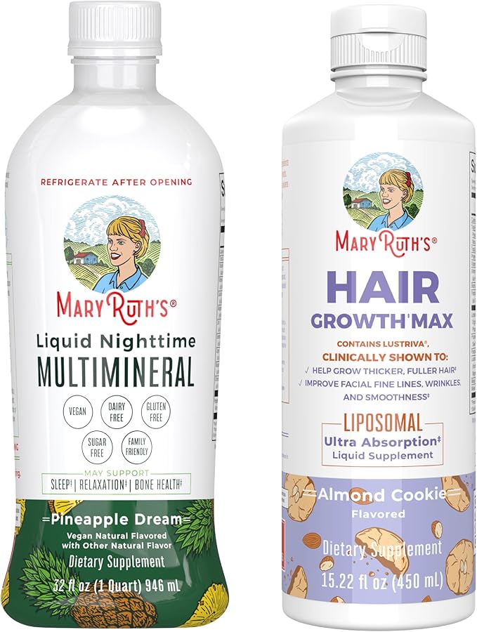 MaryRuth's Liquid Nighttime Multimineral (Pineapple) &amp Hair Growth Max Liposomal (Almond Cookie) | Clean Label Project Verified® | Sugar-Free Vegan | Bedtime Routine Beauty Hair &amp Skin Supp