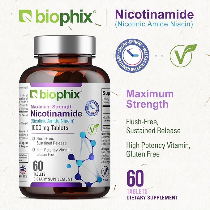 biophix B-3 Nicotinamide 1000 mg 60 Tablets Extra Strength Timed Release - Nicotinic Amide Niacin Natural Flush-Free Vitamin Formula - Supports Skin Cell Health