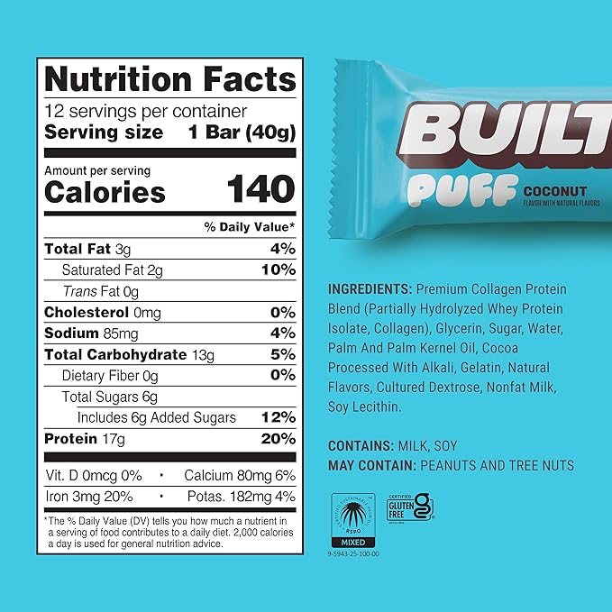 BUILT Bar Puff Protein Bars - Coconut - 17g Protein Snack Bars with Collagen - Calorie Conscious &amp Gluten Free - 12 Count