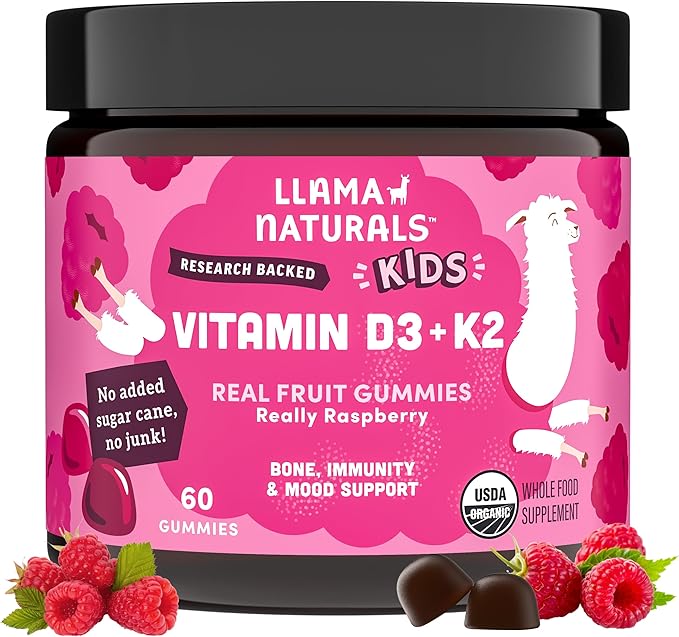 Llama Naturals Kids Vitamin D3 K2 Gummies Vegan Organic Children Toddler Vitamin D Gummies Real Fruit Gummy Vitamins No Added Sugar Cane Raspberry 60 Ct