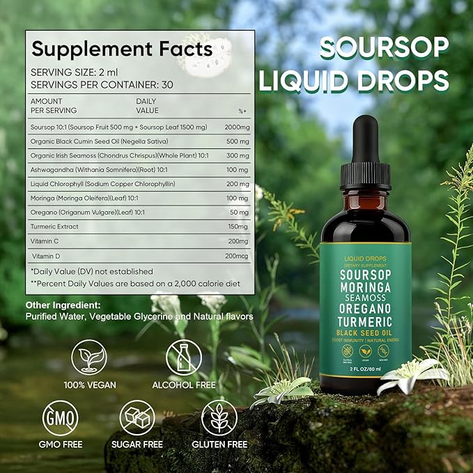 Soursop Bitters Liquid Drops with Sea Moss Moringa Turmeric Oil Black Seed Oil Oregano for Overall Health Joint Support (1)