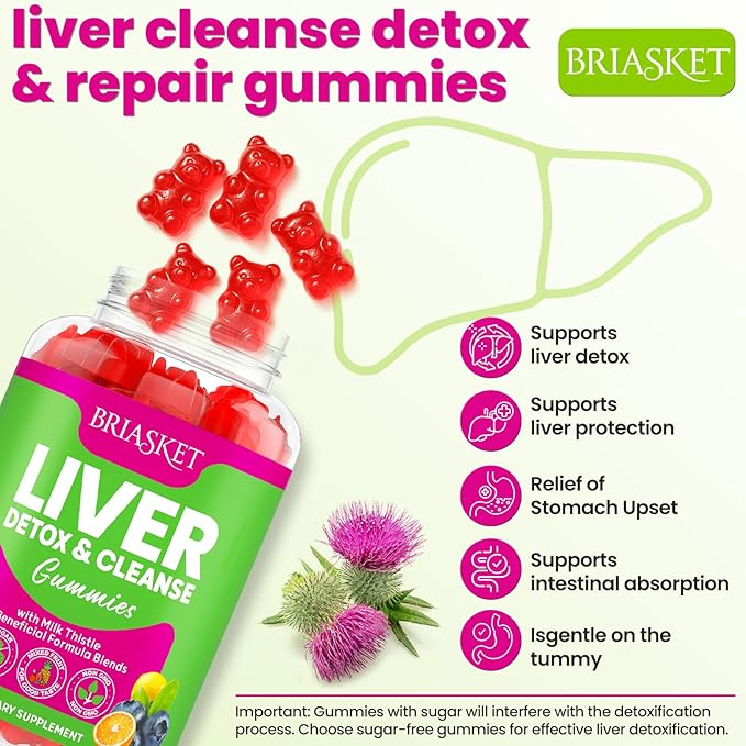 Liver Cleanse Detox &amp Repair Gummies 2000 mg Milk Thistle Extract with Dandelion Artichoke Extract &amp 23 Herbs for Liver Cleanse Detox &amp Cell Repair Gut Skin—Fruit Flavor 60 Gummies
