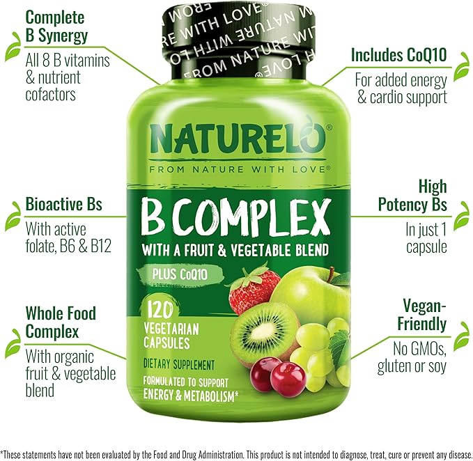 NATURELO Vitamin B Complex with Fruit &amp Vegetable Blend - 120 Capsules and Magnesium Glycinate Chelate Complex - 120 Capsules Bundle