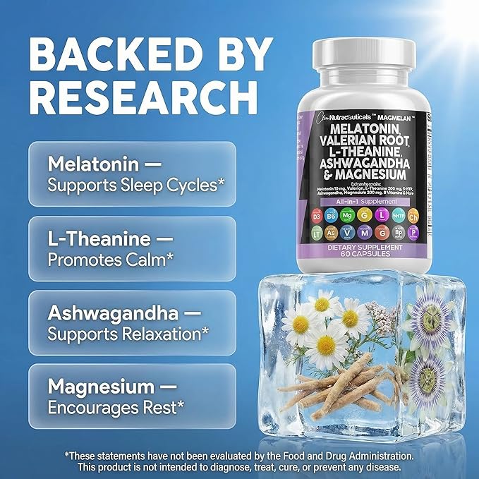 Clean Nutraceuticals Melatonin 10mg Valerian Root L Theanine 200mg Ashwagandha - Sleep Support for Women &amp Men with Magnesium Complex Lemon Balm Chamomile &amp Passion Flower - 60 Caps