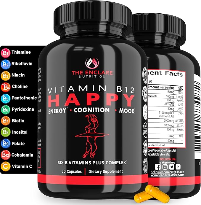 THE ENCLARE NUTRITION Vitamin B12 - Vitamin B Complex with Vitamin C Biotin Inositol Folic Acid B Vitamins B1 B2 B3 B4 B5 B6 B7 B8 B9. Brain Heart Immune Support Energy Supplements (1)