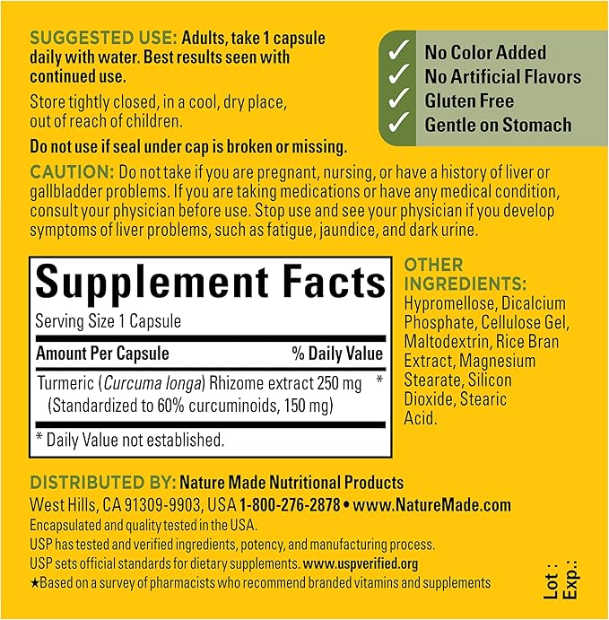 Nature Made High Absorption Turmeric Curcumin Supplement Capsules Turmeric Supplement Muscle and Joint Support 30 Capsules 30 Day Supply