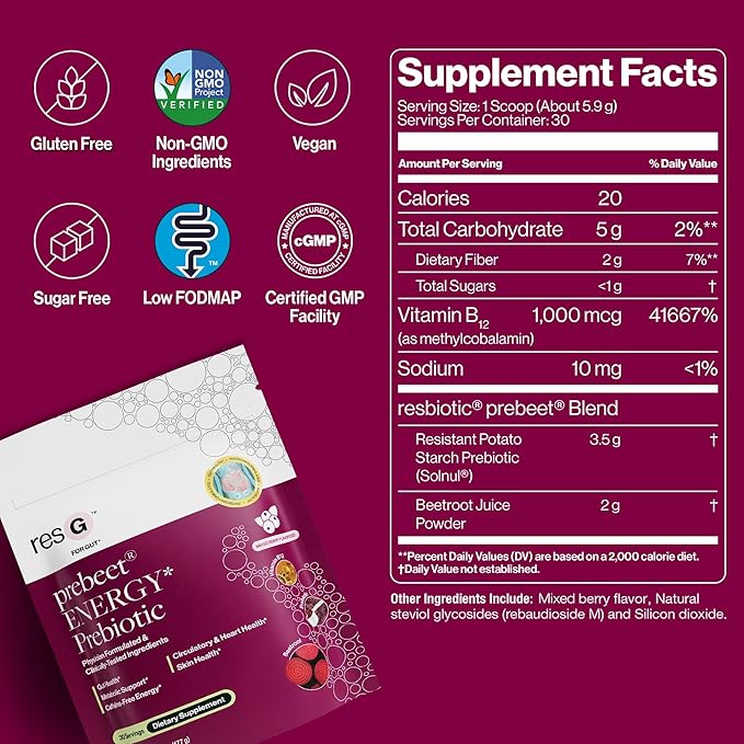 resG prebeet - Prebiotics Drink for Digestion Occasional Constipation Gas Bloating with Akkermansia Support w/Beet Root &amp Fiber Gut Health for Women &amp Men - 180g (30 Servings)