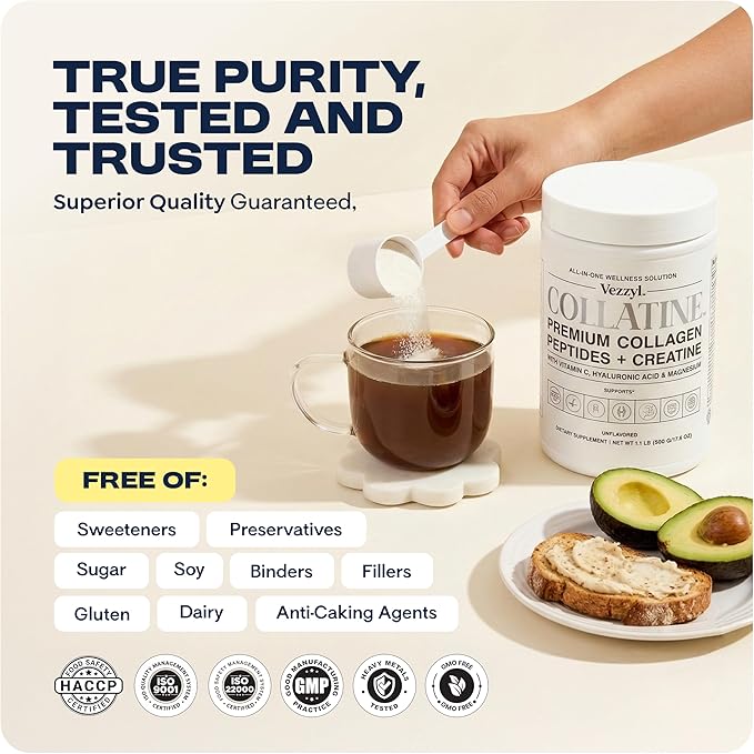 Collatine - Premium Collagen Peptides + Creatine with Vitamin C Hyaluronic Acid and Magnesium for Skin Hair Nails Bone &amp Joint Muscle Immune and Cognitive Aid (1.1 LB (500 G/17.6 OZ)