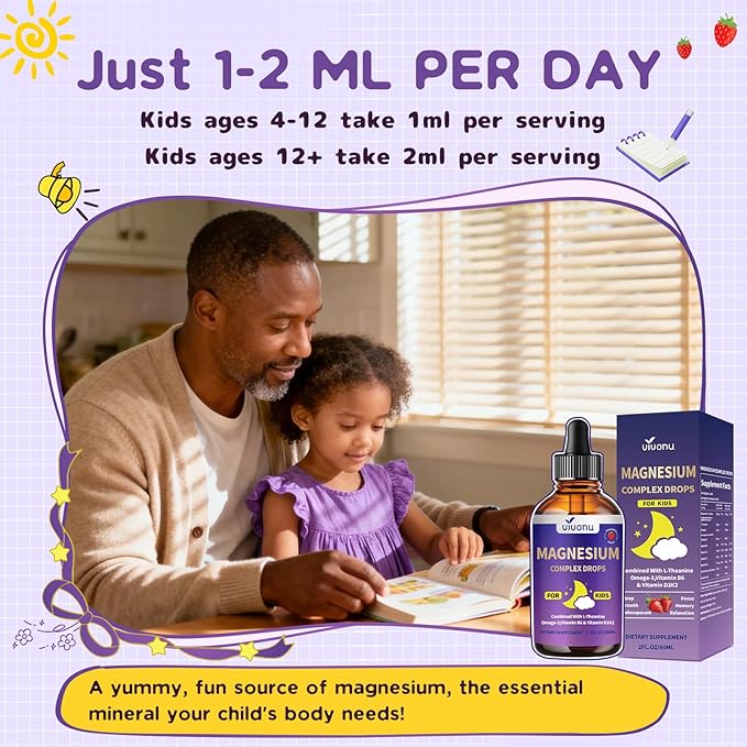 Kids Magnesium Liquid Drops Magnesium Glycinate Liquid for Children's Supplement with Vitamin D3 K2 B12 &amp B6 Omega 3L-theanineLemon Balm-for SleepRelaxationCalmFocus Strawberry Flavor