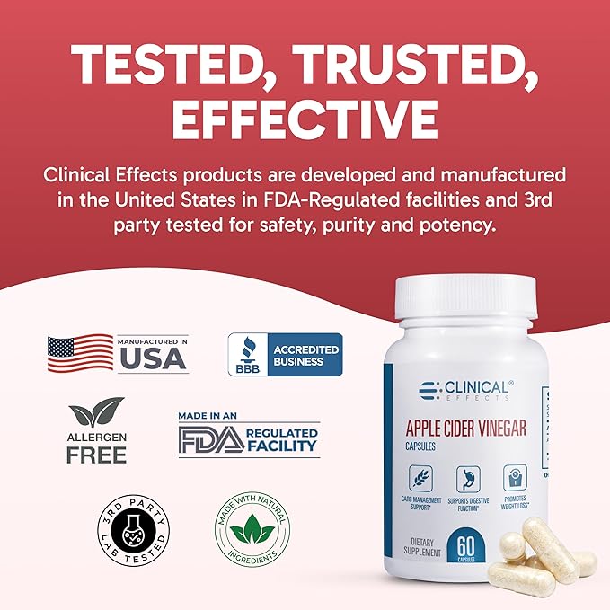 Clinical Effects Apple Cider Vinegar Capsules - 1300mg Pure Apple Cider Vinegar for Weight Management Heart Health and Energy Support - 60 Veggie ACV Pills - Made in The USA