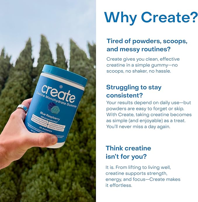 Create Creatine Monohydrate Gummies - Cool Crush Duo - Watermelon &amp Blue Raspberry - Creatine Gummies for Women &amp Men NSF Certified 3rd Party Tested Anti-Melting Formula 180 Count (2-Pack)