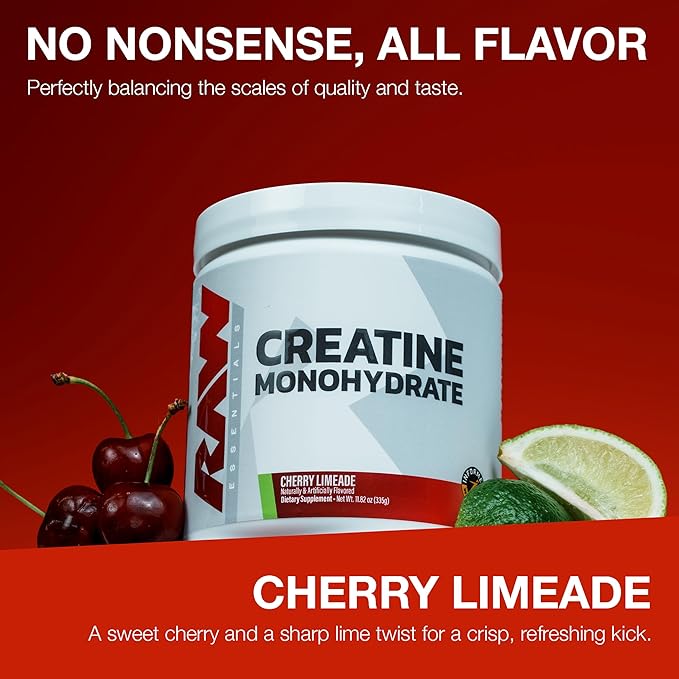 RAW Nutrition Creatine Monohydrate Powder Cherry Limeade (30 Servings) - Micronized Creatine Monohydrate Supplement for Workout Performance Build Muscle &amp Strength - Creatine Powder for Men &amp