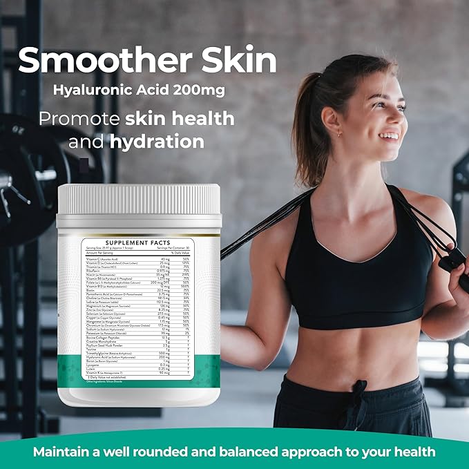 Collagen Peptides + Creatine Monohydrate + Psyllium Husk + Taurine + TMG + Hyaluronic Acid + MultiVitamin &amp Mineral (30 Servings Unflavored)