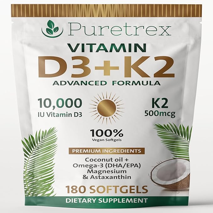 Vitamin D3 10000 IU + K2 MK-7 (500mcg) | High-Strength Vegan D3 from Lichen | Omega-3 DHA/EPA Astaxanthin Black Seed Oil &amp Algal DHA | Immune Bone Heart &amp Muscle Support | 180 Softgels