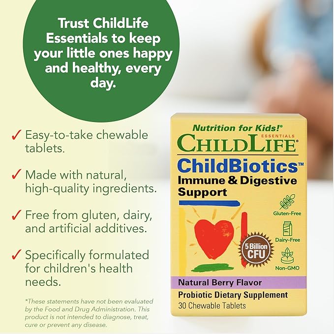 CHILDLIFE ESSENTIALS Childbiotics Immune &amp Digestive Support - Kids Probiotic Probiotics for Kids &amp Toddlers Childrens Chewable Probiotic for Gut Health - Natural Berry 30 Chewable Tablets