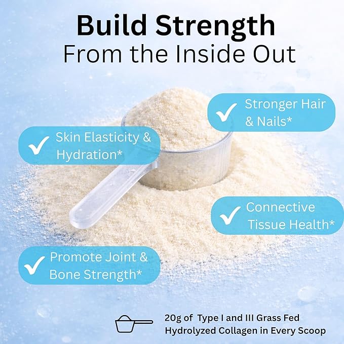 Natural Hydrolyzed Collagen Peptides Powder - Grass-Fed Type I &amp III (20g per Serving) - Supports Skin Hair &amp Nails Plus Joint &amp Bone Support - Unflavored - 28 Servings