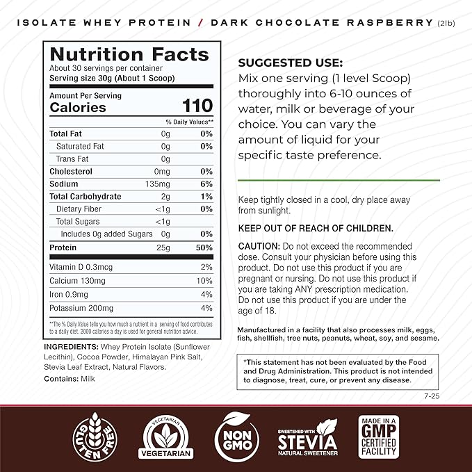 Muscle Feast Grass-Fed Whey Protein Isolate All Natural Hormone Free Pasture Raised Whey Isolate Protein Powder for Men and Women Clean and Delicious Gluten-Free - Dark Chocolate Raspberry 2lb